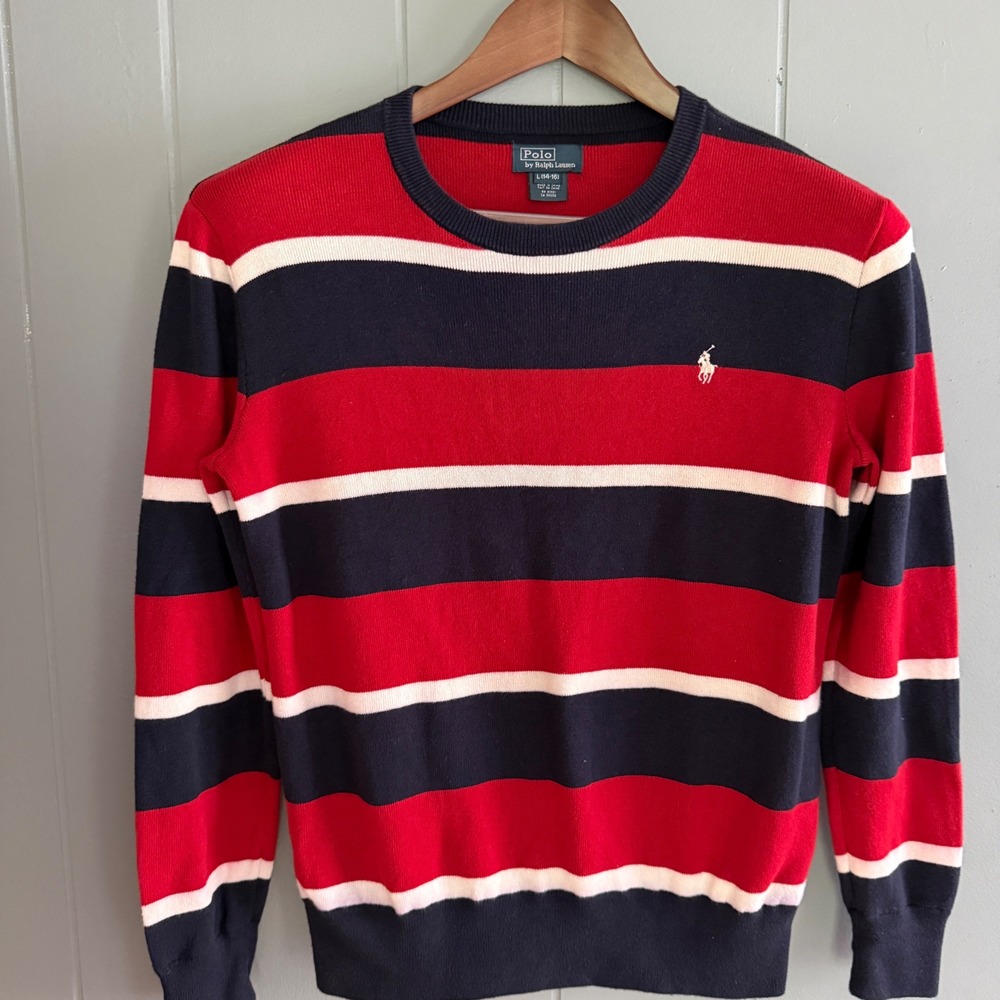 Polo Ralph Lauren Kids L Striped Cotton Crewneck Sweater Red Navy White Rugby